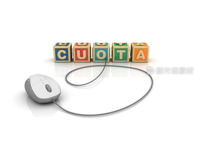 CUOTA流行语立方体与计算机鼠标-西班牙语单词- 3D渲染